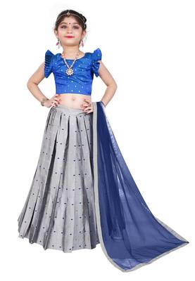Kids Royal Blue Blouse And Silver Lehenga Choli  1