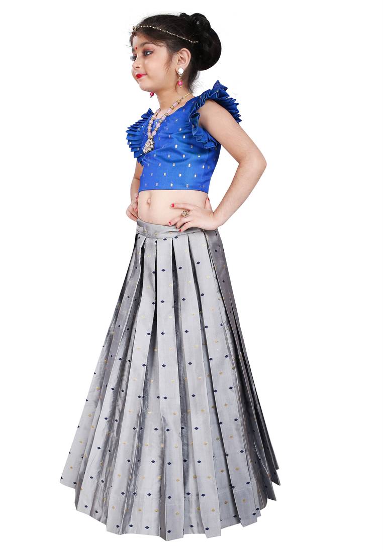 Kids Royal Blue Blouse And Silver Lehenga Choli 