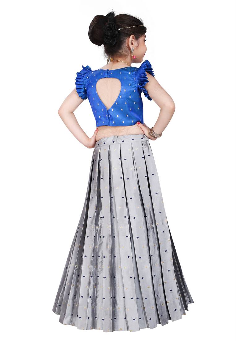 Kids Royal Blue Blouse And Silver Lehenga Choli 