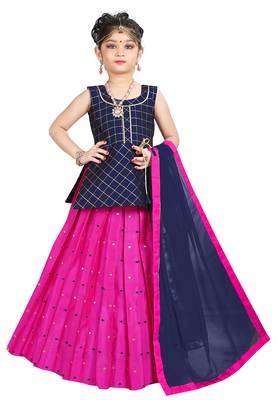 Kids Birthday Wear Blue Top And Rani Pink Lehenga Choli  1