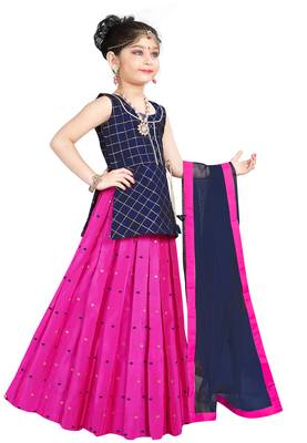 Kids Birthday Wear Blue Top And Rani Pink Lehenga Choli  2