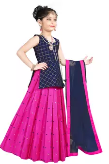 Kids Birthday Wear Blue Top And Rani Pink Lehenga Choli 
