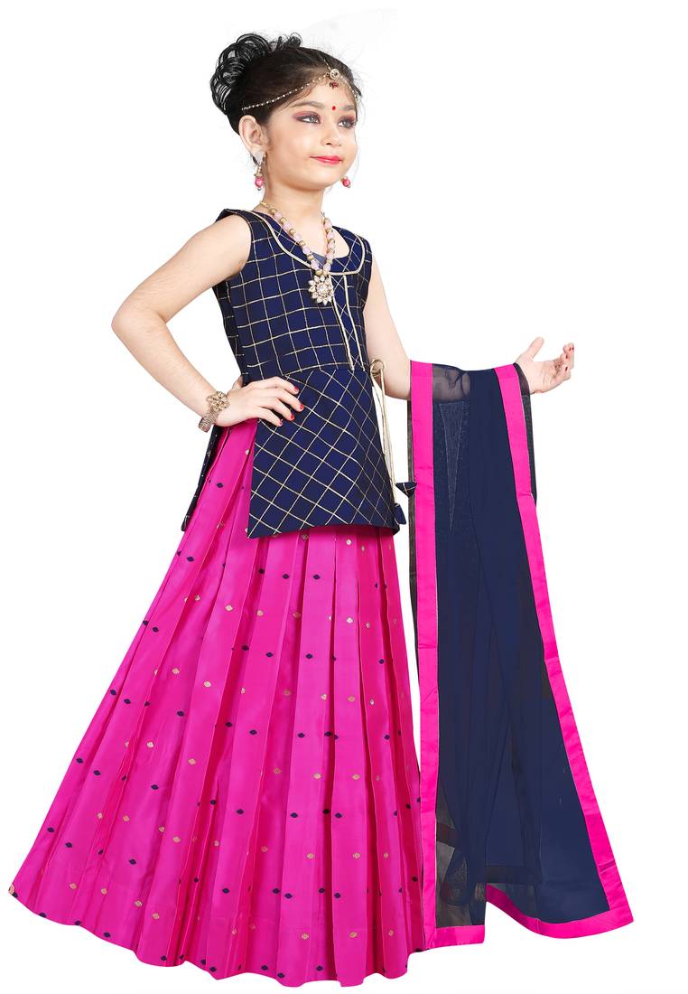 Kids Birthday Wear Blue Top And Rani Pink Lehenga Choli 
