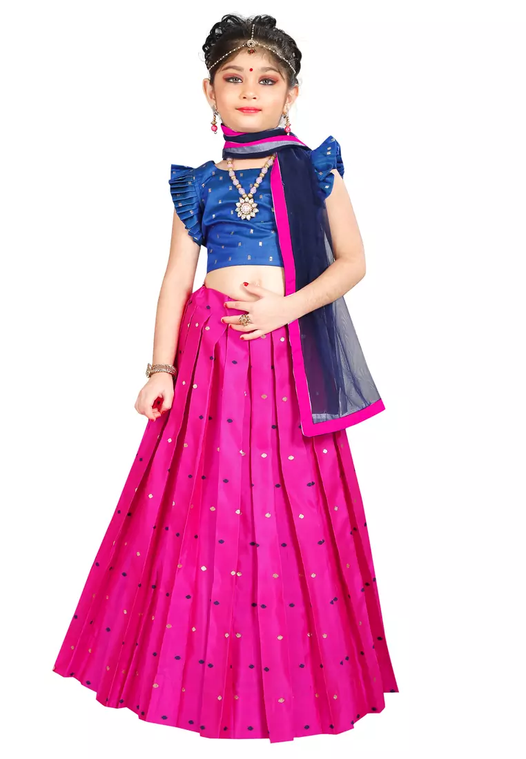 Kids Royal Blue Blouse And Rani Pink Lehenga Choli 