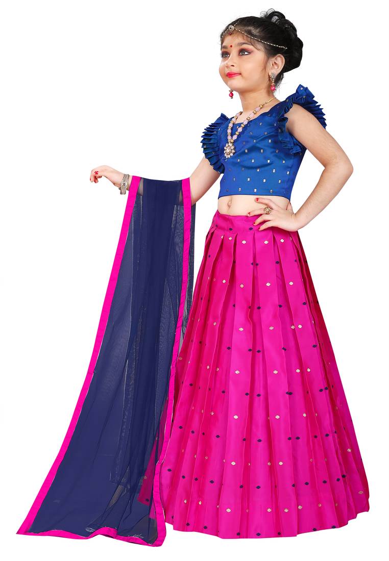 Kids Royal Blue Blouse And Rani Pink Lehenga Choli 
