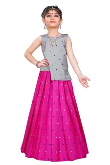 Kids Wedding Wear Silver Top And Rani Pink Lehenga Choli 