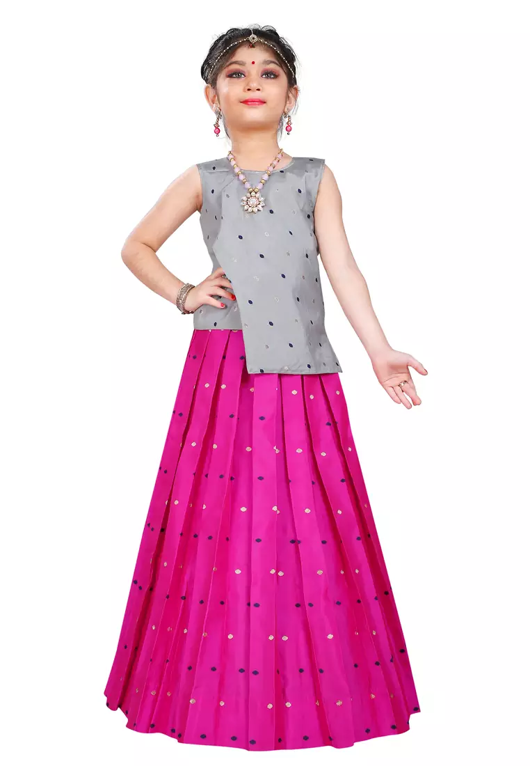 Kids Wedding Wear Silver Top And Rani Pink Lehenga Choli 