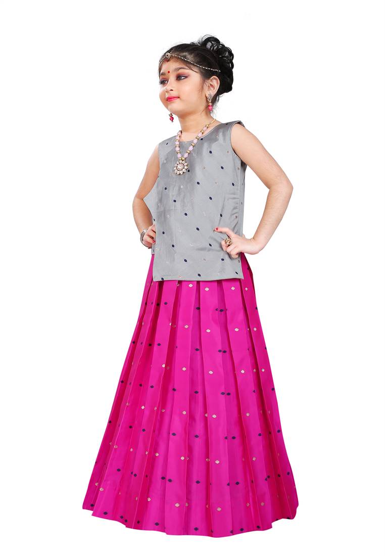 Kids Wedding Wear Silver Top And Rani Pink Lehenga Choli 