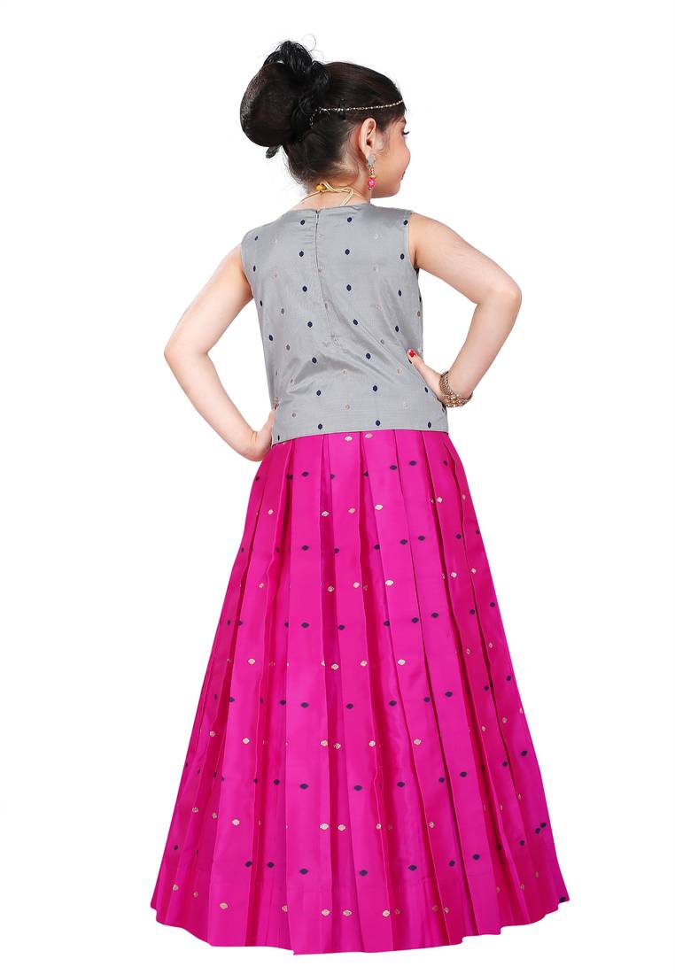 Kids Wedding Wear Silver Top And Rani Pink Lehenga Choli 