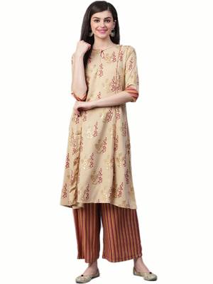 Beige & Maroon Rayon Floral Kurta With Palazzo 1