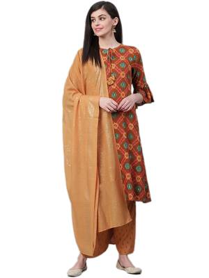 Brown & Mustard Rayon Ikat Kurta,Palazzo With Dupatta 1