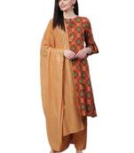 Brown & Mustard Rayon Ikat Kurta,Palazzo With Dupatta