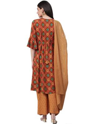 Brown & Mustard Rayon Ikat Kurta,Palazzo With Dupatta 2