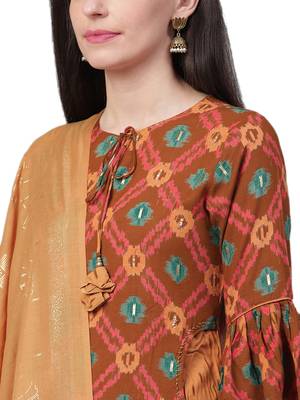 Brown & Mustard Rayon Ikat Kurta,Palazzo With Dupatta 3
