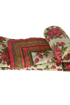 Pink Floral Print Jaipuri Cotton Double Quilt