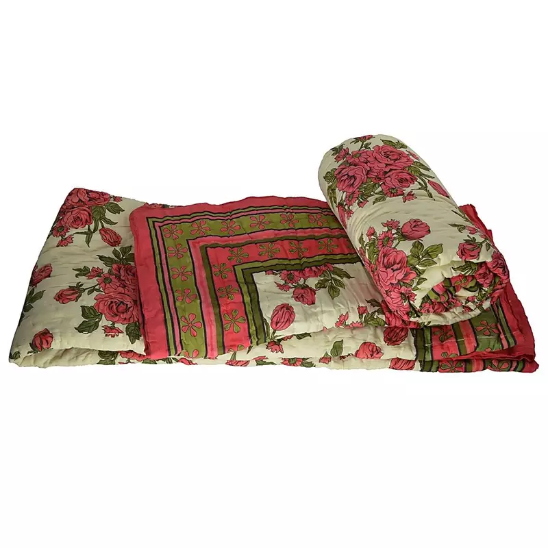Pink Floral Print Jaipuri Cotton Double Quilt