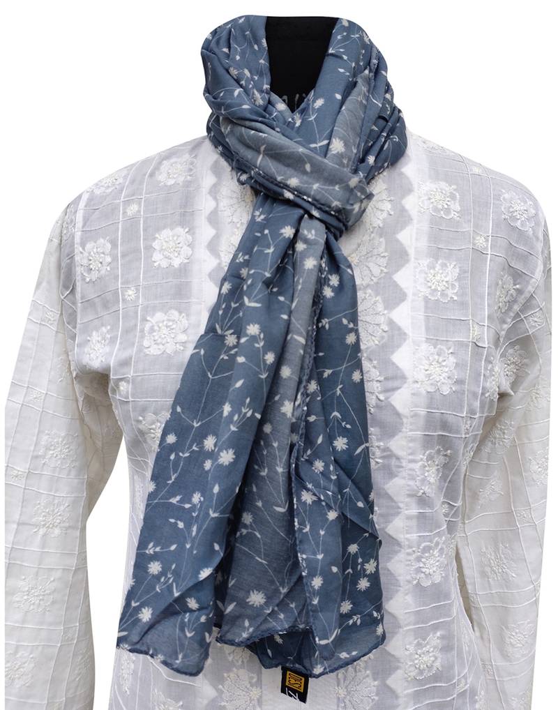 Dazzling Muslin Fabric Blue Printed scarf