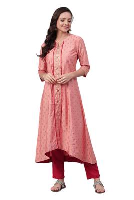 Coral & Maroon Poly Silk / Rayon Printed Dress With Trouser 1