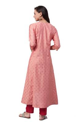 Coral & Maroon Poly Silk / Rayon Printed Dress With Trouser 2