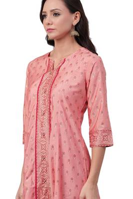 Coral & Maroon Poly Silk / Rayon Printed Dress With Trouser 3