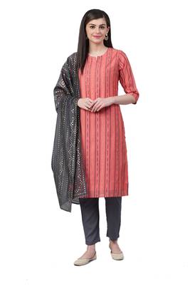 Peach & Grey Rayon / Shantoon Geometric Kurta,Pant With Dupatta 1