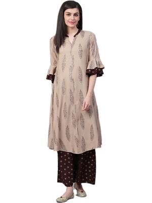 Beige & Brown Rayon Printed Kurta With Palazzo 1