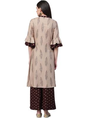 Beige & Brown Rayon Printed Kurta With Palazzo 2