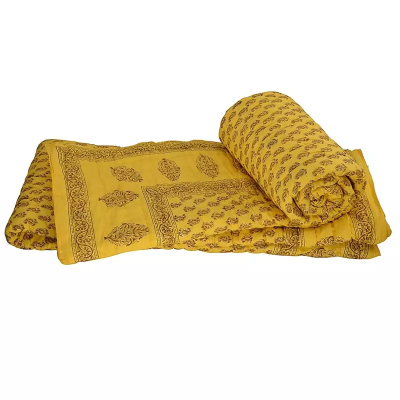 Fancy Jaipuri Paisley Yellow Double Bed Quilt