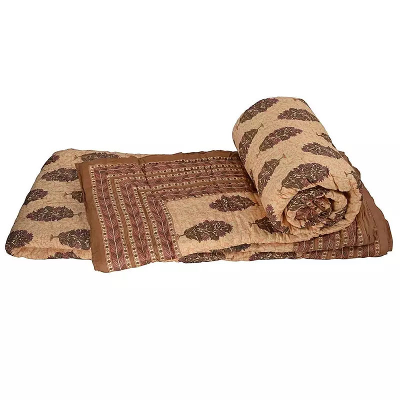 Floral Handblock Print Brown Double Bed Quilt