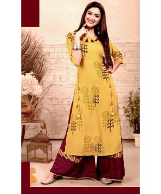 Yellow Rayon block print embroidered kurta set 1