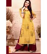 Yellow Rayon block print embroidered kurta set