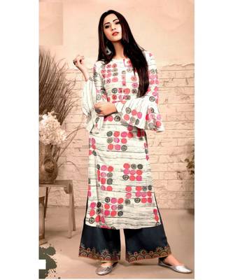 Cream Rayon block print embroidered kurta set 1