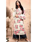 Cream Rayon block print embroidered kurta set