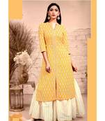 Yellow Rayon block print embroidered kurta set