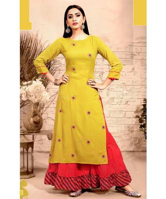 Yellow Rayon block print embroidered kurta set 1