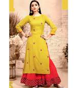 Yellow Rayon block print embroidered kurta set