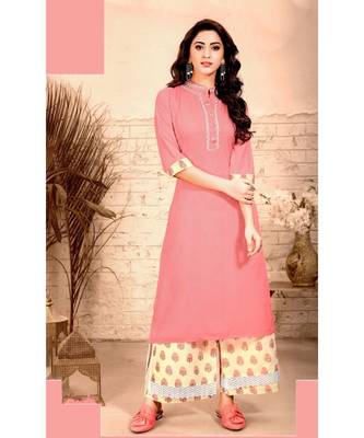 Peach Rayon block print embroidered kurta set 1