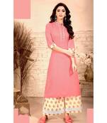 Peach Rayon block print embroidered kurta set