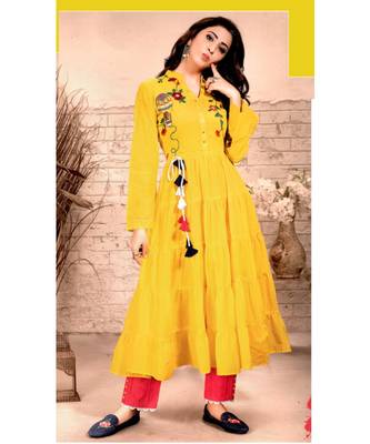 Yellow Rayon block print embroidered kurta set 1