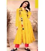 Yellow Rayon block print embroidered kurta set