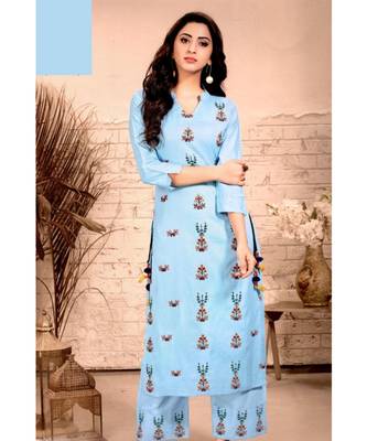 Blue Rayon block print embroidered kurta set 1