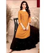 Orange Rayon block print embroidered kurta set