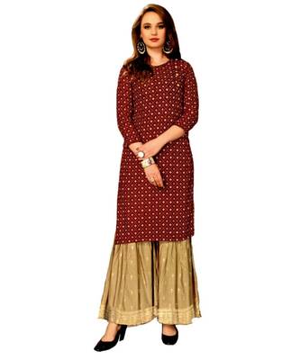 Maroon Rayon block print embroidered kurta set 1