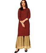 Maroon Rayon block print embroidered kurta set
