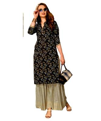 Black Rayon block print embroidered kurta set 1