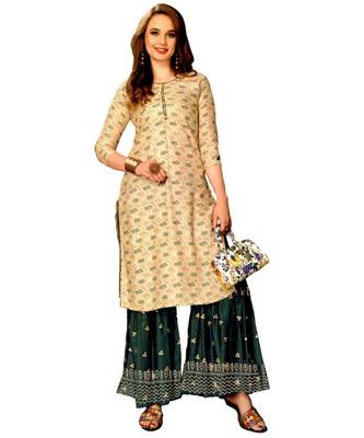 Cream Rayon block print embroidered kurta set 1