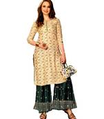 Cream Rayon block print embroidered kurta set