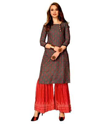 Grey Rayon block print embroidered kurta set 1