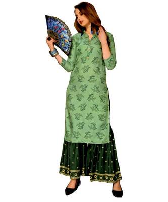 Green Rayon block print embroidered kurta set 1