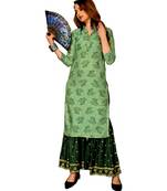 Green Rayon block print embroidered kurta set